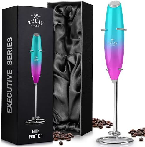 Zulay Executive Series - Espumador de leche de regalo para café con acabado lujoso y radiante, espumador de café de mano, espumador de leche eléctrico de mano para lattes (verde azulado y rosa