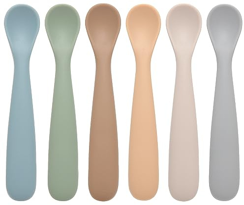 Eascrozn Baby Spoons, 6 Pack First Stage Silicone Feeding Spoons, Soft Tip Feeding Baby Utensils, Baby Led Weaning Supplies Training Spoons, Dishwasher and Boil Safe