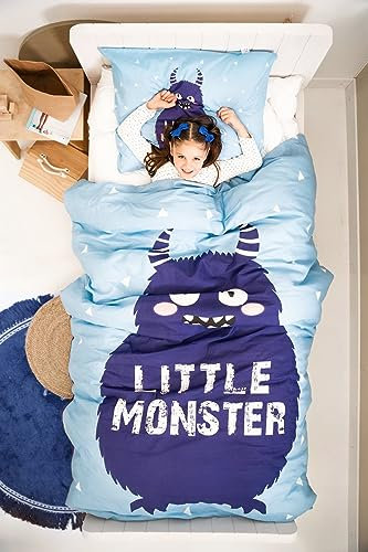 Little Monster Kinderbettwäsche - Monster - 135cm x 200cm - 100% Weiche Baumwolle - Atmungsaktiv - Kinder Bettbezüge mit Reißverschluss - Kinder Bettwäsche Set mit 1 Kissenbezüge 80cm x 80cm