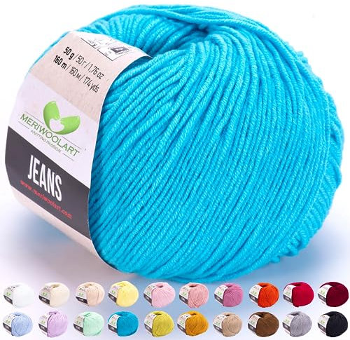 MeriWoolArt® Türkis Baumwollgarn zum Stricken und Häkeln, Textilgarn, Stoffgarn, Baby Wollgarn für Handarbeiten, Babykleidung, Amigurumi, Babydecke, Pullover, Mützen und Accessoires