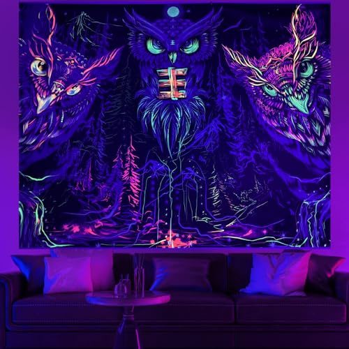 LLGWGL Schwarzlicht UV-Wandteppich Aesthetic Psychedelic - Wandbehang Wanddekoration Eulen Wandtücher - Wandteppich kinderzimmer - Trippy Wandteppiche für Schlafzimmer(Three Owls, 150×130cm)
