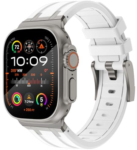 KADES 49 mm, 46 mm, 45 mm, 44 mm, per Apple Watch, cinturino sportivo in silicone con adattatore in acciaio inox, per Apple Watch Ultra 2, Ultra/Series 10/9/8/7/6/5/4/SE, serie 3 42 mm, bianco/titanio
