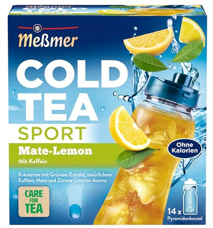 Meßmer Cold Tea Sport Mate-Lemon - Kaltaufguss mit 14 Pyramidenbeuteln | Erfrischend kalter Kräutertee mit Grüntee-Extrakt & Koffein, ohne Zuckerzusatz, ideal für Sport – 1 Beutel für 500ml