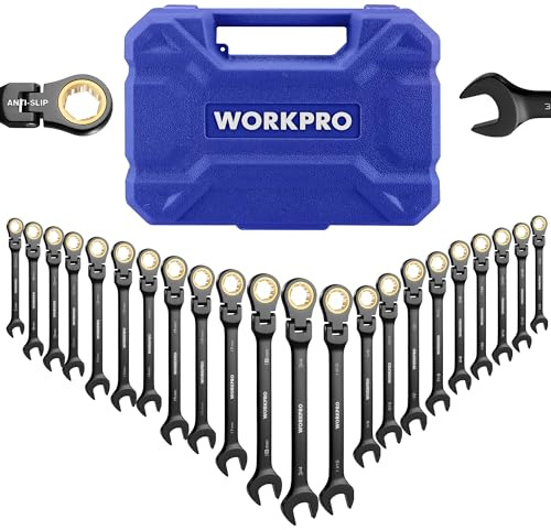 WORKPRO 22-piece Ratcheting Wrench Set with 180° Flex Head, Anti-Slip Tooth, Combination Wrench Sets with Organizer Box, Metric 6-18mm & SAE 1/4-3/4, Black Electrophoretic Coating