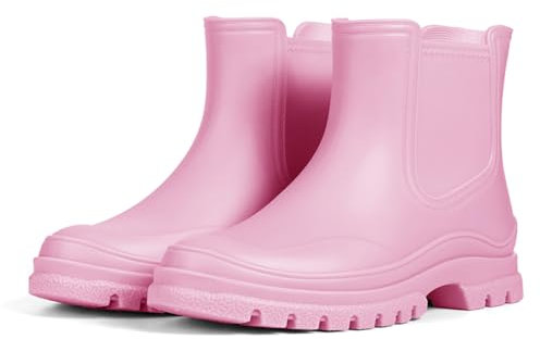 Meik Mangni Botte de Pluie Femme Bottes en Caoutchouc Imperméables Chelsea Bottines Antidérapant Bottes de Jardinage Chaussures de Travail,Rose, Taille:36 EU