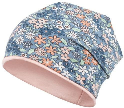 Smarilla Mädchen Mütze Übergangsmütze Beanie Blumen Frühling Herbst Baumwolle, Bekleidungsgröße: 54-56, Farbe: Blau-Aprikot