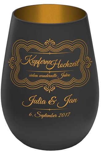 Windlicht mit Gravur ''7 Jahre Kupferne Hochzeit'' - Schwarz/Gold - Glas Teelichthalter personalisierbar mit Wunschtext - Geschenk zu Hochzeit Jahrestag Jubiläum