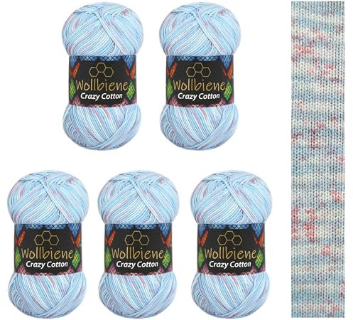 5 x 100g Wollbiene Crazy Cotton Batik 500 Gramm mit Farbverlauf 55% Baumwolle mehrfarbig Multicolor Strickwolle Häkelwolle Wolle Ganzjahreswolle (6070 hellblau flieder color)