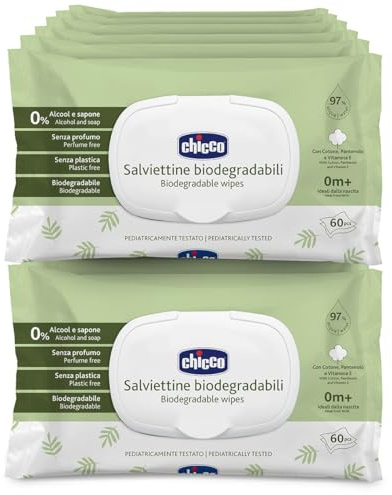 Chicco, Biologisch Abbaubare Baby-Feuchttücher, 97% Wasser, Enthält Baumwollextrakt, Panthenol und Vitamin E, Dermatologisch Getestet, Praktischer Clip zum Öffnen und Schließen, 0M+