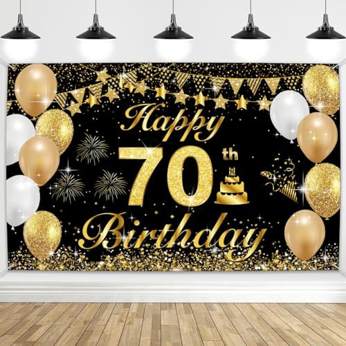 jijAcraft 70. Geburtstag Banner Schwarz Gold, 70. Geburtstag Party Dekoration, Happy Birthday Banner Poster für Männer Frauen (185cm×115cm)