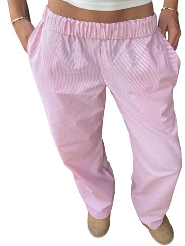 Nicoxijia Y2K Gestreifte Loungehose für Damen, weites Bein, lockere elastische Taille, kariert, Nadelstreifen, Hose zum Ausgehen, Streetwear, Loungehose mit weitem Bein, Rosa, M