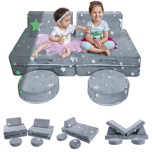 MeMoreCool Spielsofa für Kinder, Modulares Sessel Couch für Kuschelecke Kinderzimmer, Schlafsofa, 8-teiliges Sofa Spielset, Schaumstoff Sofa Bed mit Schlaffunktion für Mädchen Jungen, Grau Stern