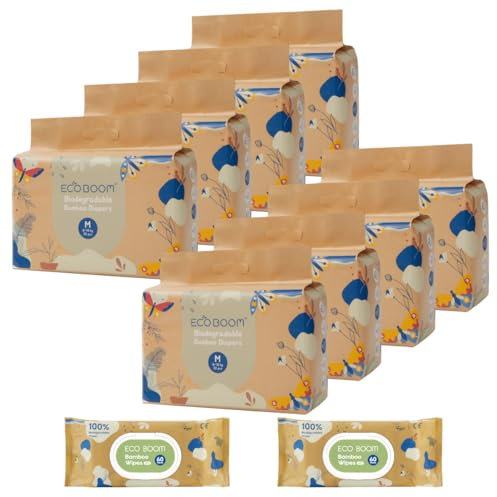ECOBOOM JOY Biowindel aus Bambus, 70 % biologisch abbaubar, hypoallergen (Größe 3/M, 6-10 kg, Schachtel mit 8 Beuteln, 256 Windeln)