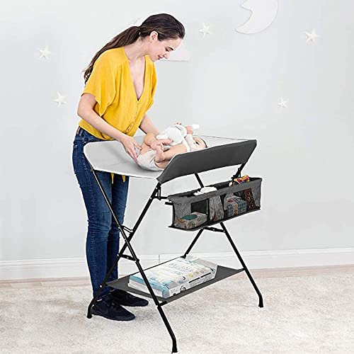 Wickeltisch Klappbar-Wickelkommode Babypflegetisch-Mobiler Wickelkombi mit Wickelauflage, Sicherheitsgurt und Ablagefächern, Tragbar Wickelkombination (grau weiß-79 * 55.5 * 96cm)