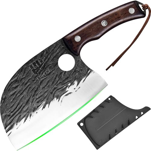 FULLHI Metzgermesser, Voll Tang serbischen Kochmesser hohen Kohlenstoffstahl Fleischbeil geschmiedet Küchenmesser für Outdoor, Camping, Geburtstag Geschenk (Braun, Serbisches Kochmesser)