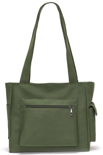 LANXINGLUO große handtasche damen shopper umhängetasche damen gross stofftasche mit reißverschluss canvas tasche damen tasche mit vielen fächern Grün