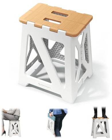 BLACKSPACE Hocker Klappbar, Stabil & Anti-Rutsch Faltbar Tritthocker, Tragbarer Leichtgewichtig, Ideal für Bad, Toilette, Küche - 40cm Hoch (Khaki/Weiß)