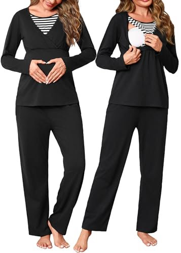 Bresdk Ensemble de Pyjama Maternité Pyjamas Femme Hiver Coton Chaud Manches Longues Vêtement de Nuit pour Grossesse Hôpital Accouchement l'allaitement Noir S