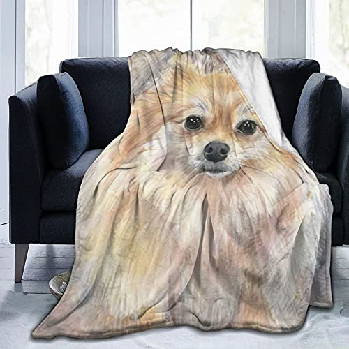 ZSOSIXDEAL Rustikale Flanell-Überwurfdecke, Zwergspitz, Aquarell, Bommel, Welpen, Hund, niedliche Tiermalerei, Decken für S, ultra-gemütliche Decke, 127 x 152 cm