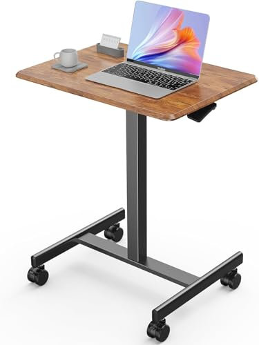 Sweetcrispy Mobile Small Standing Desk - Sit Stand Portable Rolling Laptop Desk with Lockable Wheels, Adjustable Height Computer Workstations, Brown
