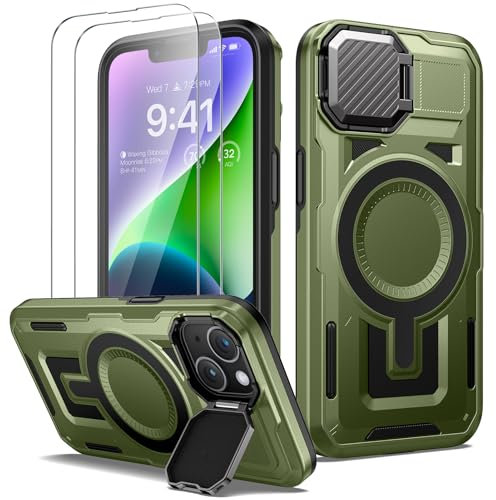 Lanhiem für iPhone 13/iPhone 14 Hülle mit Kameraschutz Ständer und 2 Stück Panzerglas, Magnetisch Handyhülle iPhone 13/ iPhone 14 Case Militär Stoßfest Outdoor Robust Schutzhülle Magnet Cover, Grün