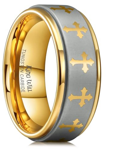 King Will 8mm Tungsten Wedding Band for Men Women Lord's Prayer Cross Ring Silver and Gold Men's Rings P 1/2