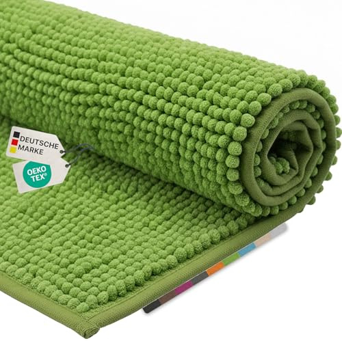 NYVI Badematte NYVISpa Chenille Badteppich 60x90 cm Rechteckig Grün | Rutschfest, Saugstark, Schnell Trocknend, Fußbodenheizung geeignet, OEKO-TEX, Waschbar, Weich