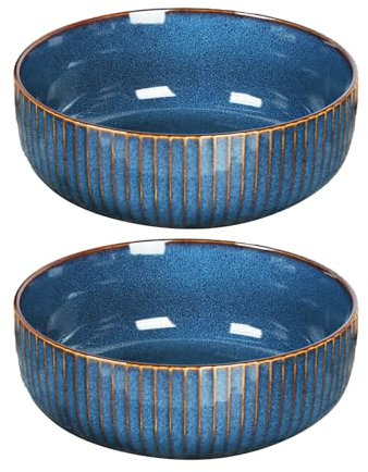Qudubuy 1800ml Ceramic Decorative Serving Bowls - Large Salad Bowl Set of 2, Blue Tableware for Salad, Ramen, Cereal, and Fruit, Dishwasher Safe for Family Gatherings and Restaurant
