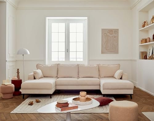 Lisa Design Albane - 7-sitzer Wohnlandschaft in U-Form - mit Schlaffunktion und Bettkasten - aus Cord Beige