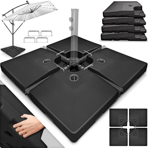 tillvex® Lestage & Dalles Carrées pour Parasol Déporté – Pied de Parasol 90 litres / 120 kg, 4 Pièces avec Connecteur Métallique | Base Remplissable avec Eau ou Sable | Support de Parasol (Noir)