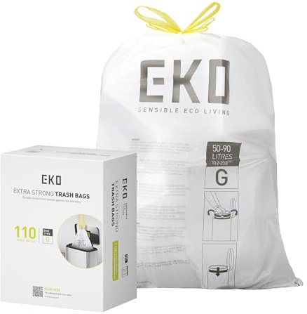 EKO Lot de 110 grands sacs poubelle extra résistants de 75 litres avec cordon de serrage pour cuisine et ménage (80 L), résistants aux fuites, code G