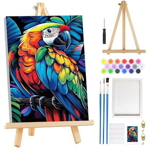 MOGTAA Peinture Numero Enfant Adulte avec Cadre, Perroquet Peinture par Numero Adulte avec Chevalet, DIY Numéro d'Art Kits, Loisirs Créatifs Adultes, pour décoration d'intérieur, 20x30cm
