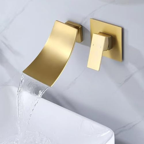 ZYCDP Wandarmatur Waschbecken Unterputz Wasserfall, Bad Armatur Waschbecken Einhebel Gold Gebürstet
