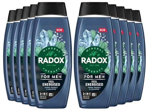 Radox Mineral Therapy 2-In-1 Shower Gel and Shampoo Feel Energised, Pack of 10, Men's Body Wash with Marine Minerals and Eucalyptus for A Cooling Experience, 450 ml