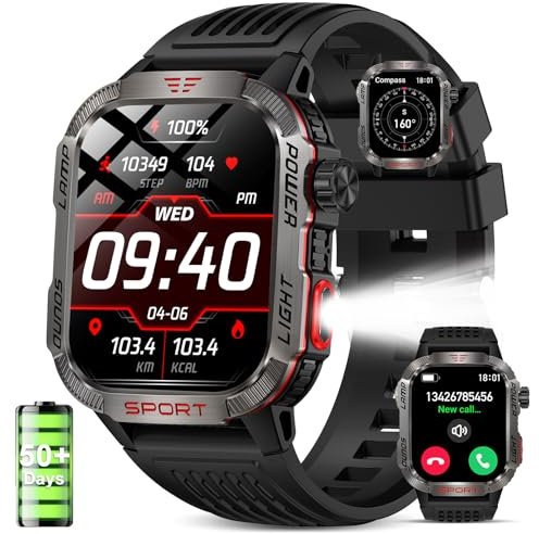 YYKY Reloj Inteligente Hombre Militar - 2.01 HD Smartwatch con Brújula, Presión atmosférica&Altitud Datos, 24/7 Pulsómetro, IP68 Impermeable Smartwatch con Llamadas Bluetooth,100+ Modos Deportivos