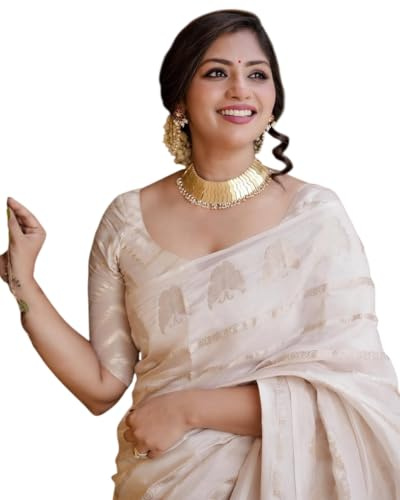 Flosive Beautiful Soft Silk Saree with Zari Weave and Blouse for Women, ecru, One size