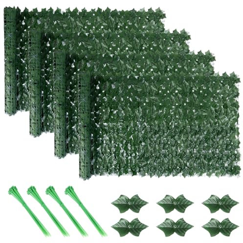Artificial Ivy Fence Screen, 4PCS Garden Fence Screening Trellis with Artificial Leaves, 3m x 1m Expandable Faux Privacy Artificial Hedge Roll with 20pcs Zip Ties for Garden Balcony Outdoor Decoration