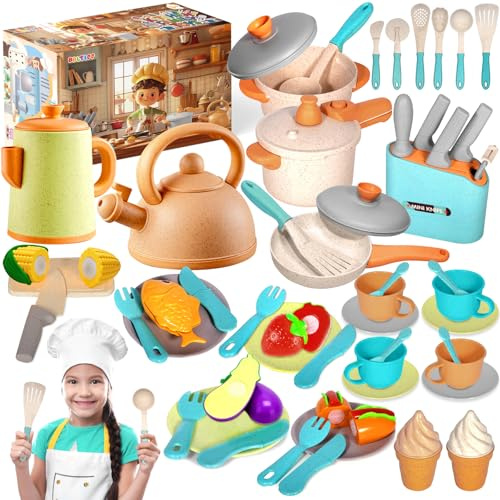 BBLTIFF 49 Piezas Juguetes de Cocina para niños Accesorios, Accesorios Cocina Juguetes, Utensilios Cocina Niño, Juego de Ollas y Sartenes, Juego de rol para Niños Mayores de 3 4 5 6 Años