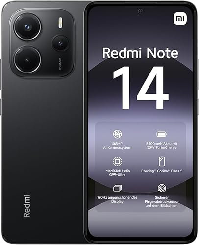 Xiaomi Redmi Note 14 Smartphone, 8GB+256GB, Midnight Black, 108MP AI Camera System, 5500mAh Battery, 120Hz Eye-care Display, AI Features (No Charger Included), 2 Year Warranty