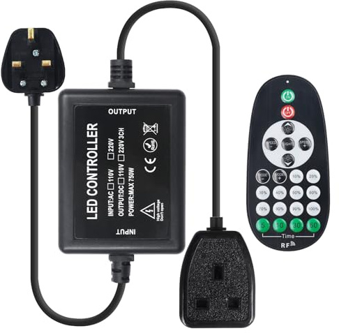 GQL 220V Universal Dimmer, 23 keys RF Remote Control + 750W Dimmable Controller, Output DC 220V, General Model for 220V LED Strip/String/Fairy Light with UK Plug