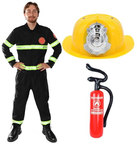 Feuerwehrmann-Kostüm für Erwachsene, aufblasbarer Feuerlöscher, 170 cm, Helm & Feuerwehrmann-Uniform mit reflektierenden Details für Fasching, lustiges Junggesellenabschied-Outfit, Halloween und