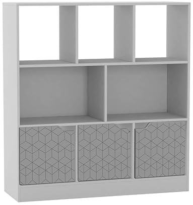 URBNLIVING White 8 Cube Asymmetrical Storage Cabinet – Freestanding Display Bookcase with 3 Doors for Home & Office - Geo Design Doors - Grey