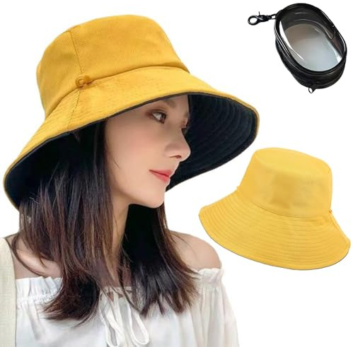 ZenyTra Damen Fischerhut Reversibel 2-in-1 Schwarz & Gelb | Leichter Faltsonnenhut mit UV-Schutz für Strand, Angeln und Outdoor | Doppelseitig Tragebarer Sommerhut（Mit transparenten Taschen）