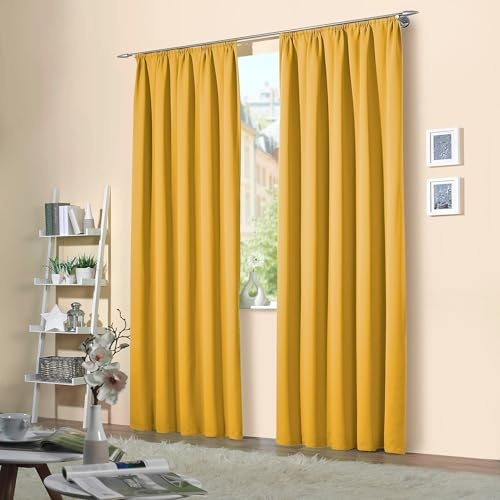 heimtexland Vorhang Blickdicht Thermovorhang Verdunklungsvorhänge 2er Set Kräuselband Deko Gardine isolierend Kälte Wärme Sonne Schall Oeko-TEX Typ139 Gelb HxB 245x135 cm