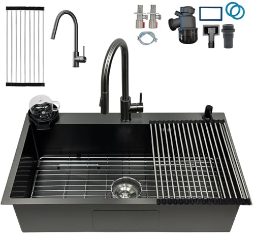 KOOGIMDDR 85 x 50 cm Stainless Steel Kitchen Sink 1 Bowl Grey Black, with Nano Stainless Steel Grid, Kitchen Sink with 3 Holes, Countertop Dish Drainer with Tap, with Countertop Soap Dispenser