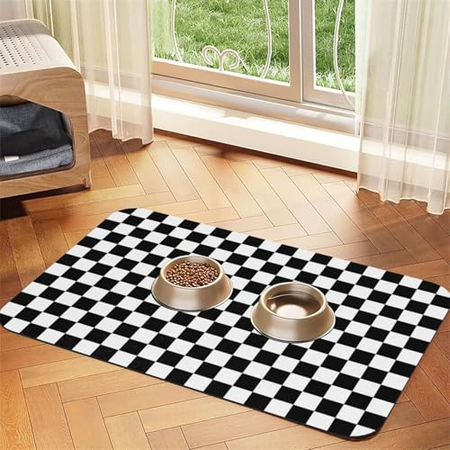 Tapis de gamelle Absorbant à Carreaux Noirs et Blancs pour Chiens et Chats - Tapis antidérapant pour gamelles pour Animaux de Compagnie (30 x 45 cm)
