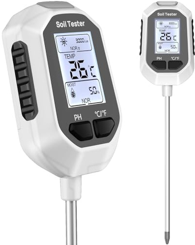 YAMRON Medidor de Humedad del Suelo, 4 en 1 Medidor digital del pH del suelo, Humedad/PH/Temperatura/luz solar, Con pantalla LCD retroiluminada,Para jardines, granjas, plantas de interior y exterior