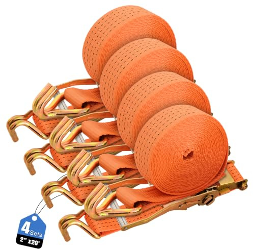 4 Pack-2x20' Ratchet Straps, Double J Hook Heavy Duty Cargo Strap, 11000LBS Breaking Strength, Standard Tie Downs Ratcheting Strap for Cargo Vans, Trucks, Trailers - Orange