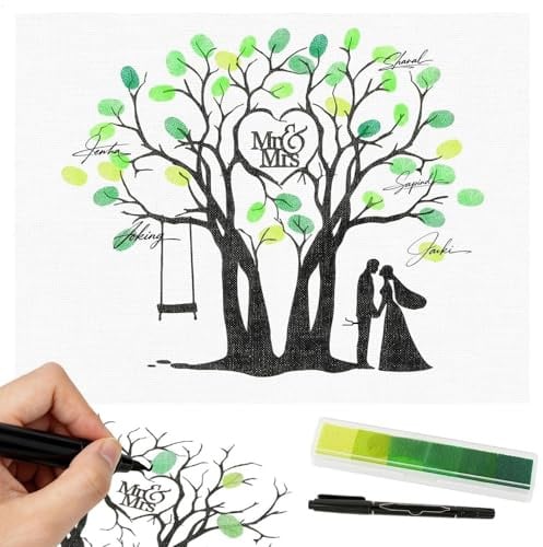 Livre d'or Mariage Créatif Empreinte Doigt Toile Peinture Arbre de Vie 30x40 cm avec Encreur Vert Dégradé et Stylo Remplace le Invités Typique Souvenir de Mariage Personnalisé Diy Livre d or Marriage