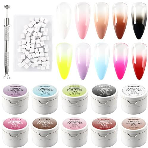 MUUQANYU Ombre Gel Nail Polish Kit- 10 Colors Patting Gel Polish & 100 Mini Nail Sponges for Ombre & Grabbing Pen, Gradient Gel Nail Blush Blooming Aura French Nail Art Manicure Kit for DIY Home Salon